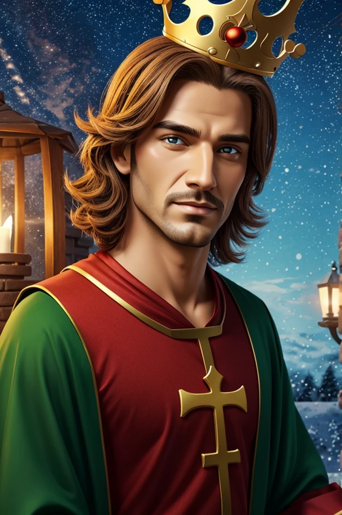 animated man that have a hair covering his one eye and have a cross floating crown and a Christmas mas clothes