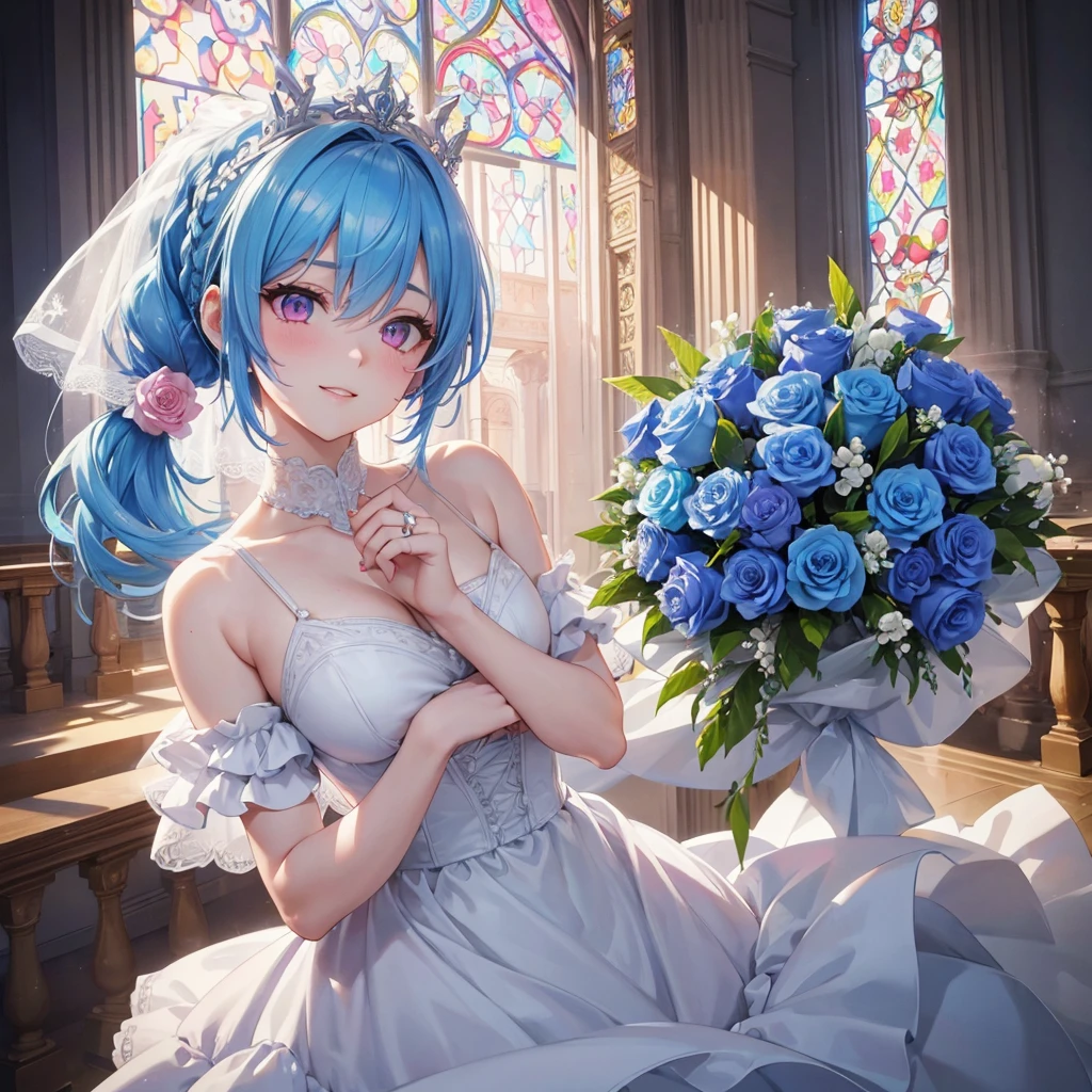 Sky blue hair, (Braided Ponytail),(Pink Eyes),Fair skin ,(whole body),(One girl),bride,A big smile,Straight bangs, 6月のbride,Wedding dress,(masterpiece, Highest quality, Very detailed, Best Shadow), (Detailed Background), (Beautifully detailed face), High Contrast, (Best lighting, Very delicate and beautiful), ((Cinematic Light)), colorful, Hyper Detail, Dramatic Light, Intricate details,Chapel background,Bouquet of roses,Ring on left ring finger,