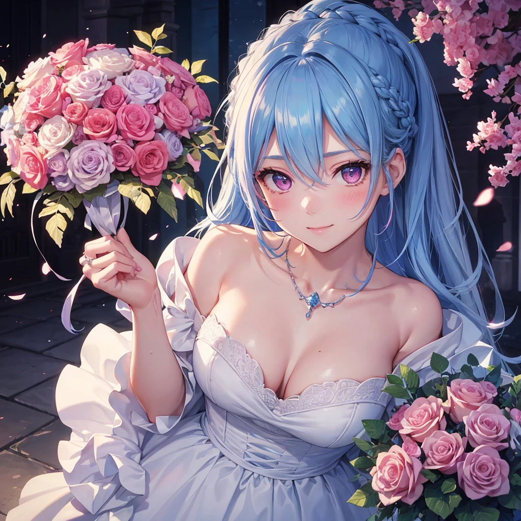 Sky blue hair, (Braided Ponytail),(Pink Eyes),Fair skin ,(whole body),(One girl),bride,A big smile,Straight bangs, 6月のbride,Wedding dress,(masterpiece, Highest quality, Very detailed, Best Shadow), (Detailed Background), (Beautifully detailed face), High Contrast, (Best lighting, Very delicate and beautiful), ((Cinematic Light)), colorful, Hyper Detail, Dramatic Light, Intricate details,Chapel background,Bouquet of roses,Ring on left ring finger,