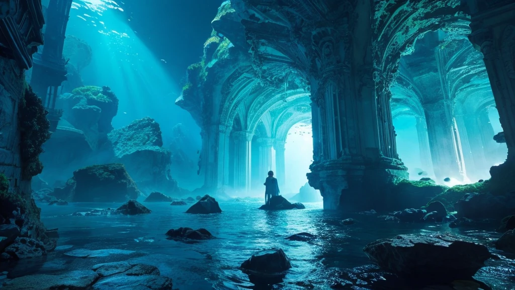 deep sea、The color is a deep blue、Fantasy、ruins、Expressing sea foam