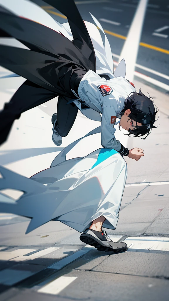 Anime character man with black hair in white jacket with black pants walking on the sidewalk being run over 