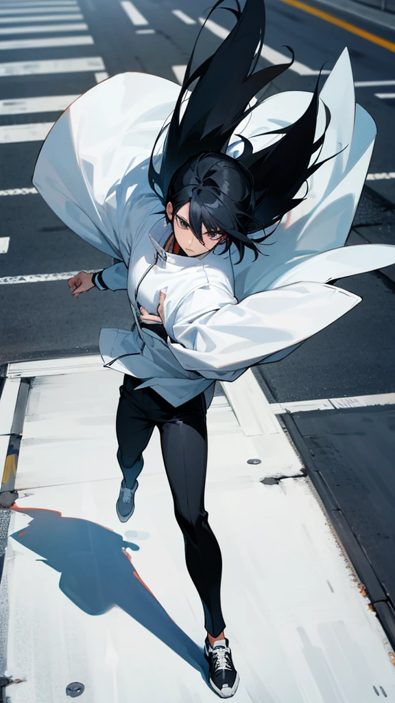 Anime character man with black hair in white jacket with black pants walking on the sidewalk being run over