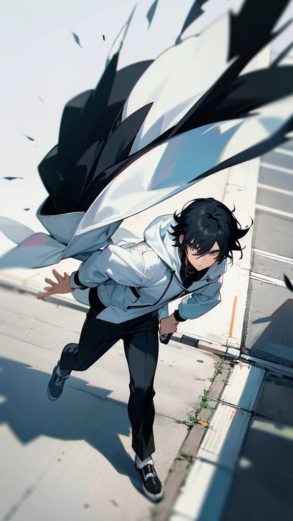 Anime character man with black hair in white jacket with black pants walking on the sidewalk being run over