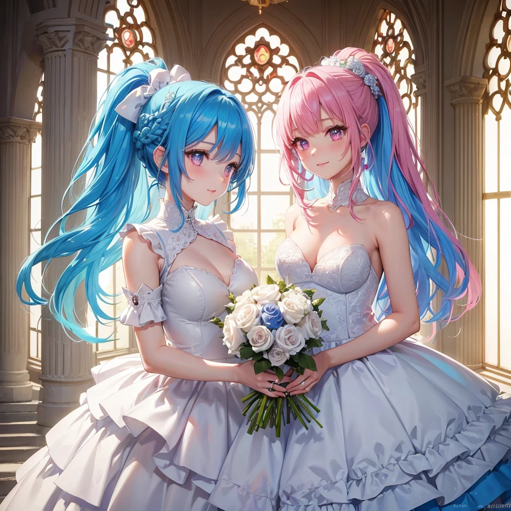 Sky blue hair, (Braided Ponytail),(Pink Eyes),Fair skin ,(whole body),(One girl),bride,A big smile,Straight bangs, 6月のbride,Wedding dress,(masterpiece, Highest quality, Very detailed, Best Shadow), (Detailed Background), (Beautifully detailed face), High Contrast, (Best lighting, Very delicate and beautiful), ((Cinematic Light)), colorful, Hyper Detail, Dramatic Light, Intricate details,Chapel background,Bouquet of roses,Ring on left ring finger,