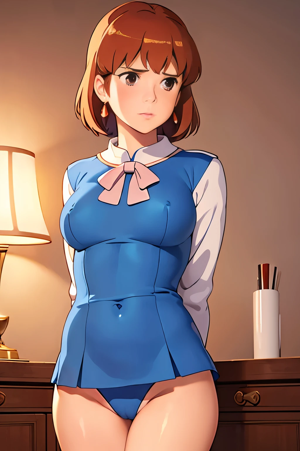 (masterpiece, highest quality, High resolution, 8k, High quality anime, sensual illustrations, Detailed and realistic), ((Nausicaa in a JK uniform)), Love in Nausicaa, Nausicaa is Full naked, Very cute,  Very beautiful girl, , , very naughty, Very kind, The best beautiful girl, adorable gaze,  Light reddish brown hair, short hair, Elegant Bob hair, Red Gem Earrings, (Looking at the audience),  Luxury Hotel Suite, Bed, Millor, Chair, Lamp, Table, Sofa bed, (Beautiful pointed breasts, Pointed nipple, Virgin pussy, Beautiful ass, delicate), JK uniform, Butterfly Ribbon tie, See-through underwear, Micro bikini, Fishnet tights, Perfect beauty, the body is slim, Frightened face, Delicate, clear eyes, (Perfect and detailed anatomy, Beautiful and elaborate face&eye:1.5, Shiny skin, Perfect balance), With pride, look up, Blush, (Very obscene pose), Pure, very adorable Nausicaa.