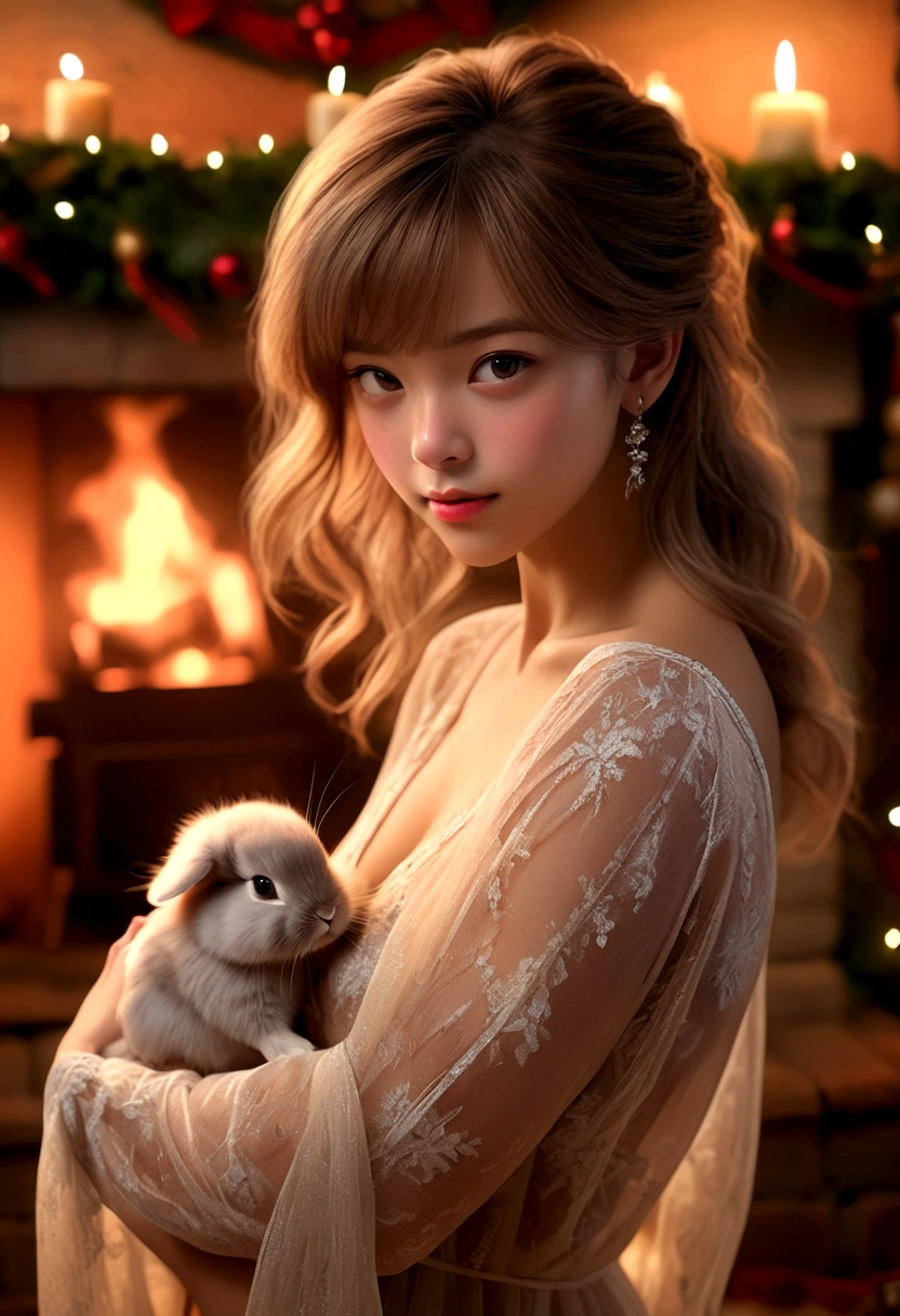 a beautiful young woman ((KPop Lisa) Lalisa Manobal, age 25), wearing an airy sheer Christmas night gown (shoulders exposed, deeply plunging neckline) , nude except for night gown, her intimate areas partially exposed and very detailed, playing with a baby bunny by an old-fashioned fireplace with a roaring fire, Christmas scene (best quality, 4k, 8k, highres, masterpiece:1.2), ultra-detailed, (realistic, photorealistic, photo-realistic:1.37), HDR, UHD, studio lighting, ultra-fine painting, sharp focus, physically-based rendering, extreme detail description, professional, vivid colors, bokeh, portrait, figurative, intimate, sensual, cozy, Christmas, warm lighting, chiaroscuro (show her entire body, show all of her)