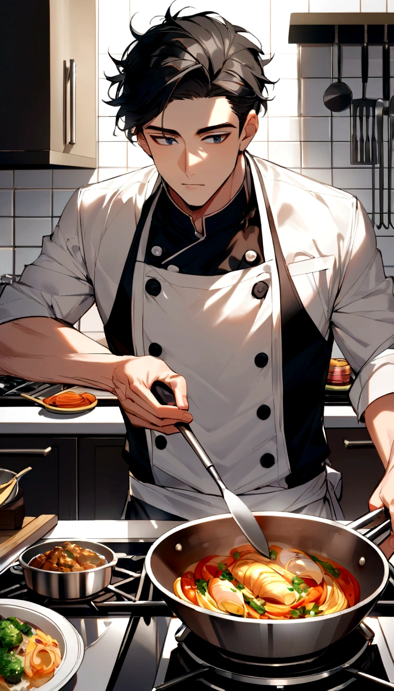 "A handsome young man with black hair, dressed in a professional chef's outfit, is standing in a modern kitchen. He is focused and skillfully preparing a delicious dish, with various cooking utensils and ingredients around him. The background features stainless steel appliances and a well-organized kitchen setup, emphasizing his dedication and expertise in the culinary arts."
