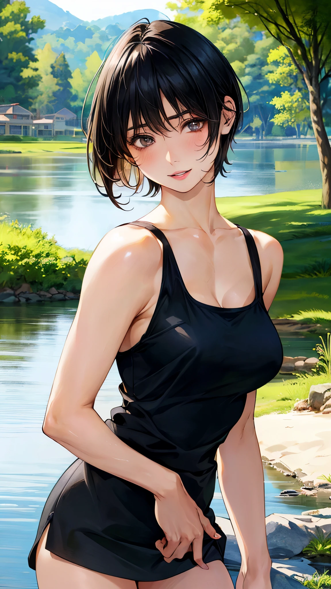 (masterpiece:1.3, top-quality, ultra high res, ultra detailed), (realistic, photorealistic:1.4), beautiful illustration, perfect lighting, natural lighting, colorful, depth of fields, surrealism, 
beautiful detailed hair, beautiful detailed face, beautiful detailed eyes, beautiful clavicle, beautiful body, beautiful chest, beautiful thigh, beautiful legs, beautiful fingers, shiny skin, babyface, 
looking at viewer, 1 girl, ushijimaiiniku, 19 years old, sexy idol, (perfect anatomy, anatomically correct, super detailed skin), cute and symmetrical face, perfect face, perfect eyes, perfect fingers,
(short hair, lob hair, black hair), bangs, grey eyes, big eyes, long eyelashes, (large breasts, seductive thighs), , outstanding style, 
detailed cloth texture, camisole, miniskirt, 
(beautiful scenery), summer, evening, (riverside), walking, (lovely smile, upper eyes, parted lips),