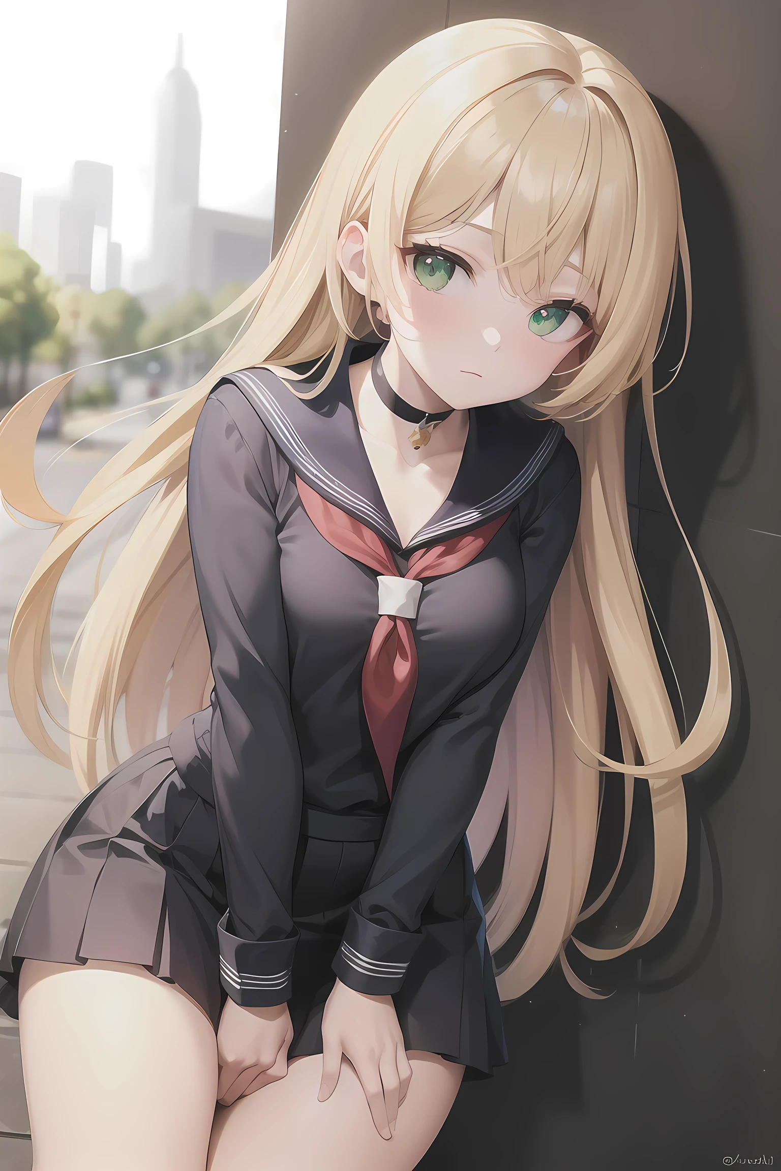 masterpiece, Highest quality, Perfect lighting, Facial lighting, Blonde, choker, Green Eyes, Long Hair, Sailor suit showing collarbone, Japanese ,blush, BREAK Watch Viewers, Outdoor rest, Leaning against a wall
