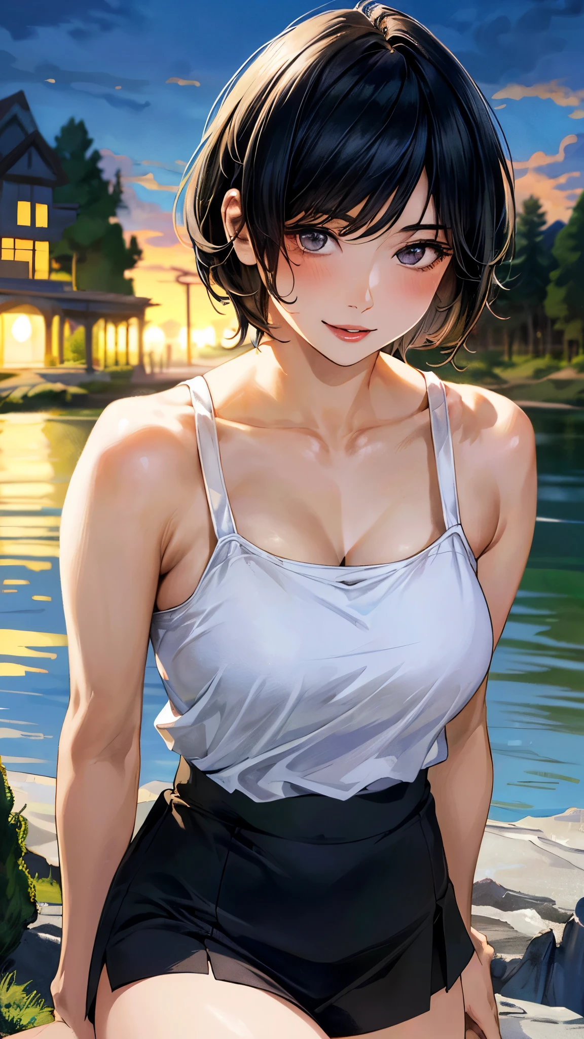 (masterpiece:1.3, top-quality, ultra high res, ultra detailed), (realistic, photorealistic:1.4), beautiful illustration, perfect lighting, natural lighting, colorful, depth of fields, surrealism, 
beautiful detailed hair, beautiful detailed face, beautiful detailed eyes, beautiful clavicle, beautiful body, beautiful chest, beautiful thigh, beautiful legs, beautiful fingers, shiny skin, babyface, 
looking at viewer, 1 girl, ushijimaiiniku, 19 years old, sexy idol, (perfect anatomy, anatomically correct, super detailed skin), cute and symmetrical face, perfect face, perfect eyes, perfect fingers,
(short hair, lob hair, black hair), bangs, grey eyes, big eyes, long eyelashes, (large breasts, seductive thighs), , outstanding style, 
detailed cloth texture, camisole, miniskirt, 
(beautiful scenery), summer, evening, (riverside), walking, (lovely smile, upper eyes, parted lips),