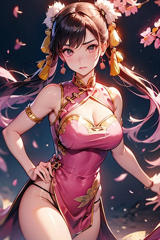 (Pink Chinese dress:1.5),alone, Chun-Li Masterpiece, Highest quality, No sleeve、Shoulder strap、(Black Panties:1.5)、Cleavage、White loincloth:2、Get angry、30 years old,highkick、Fight、punch