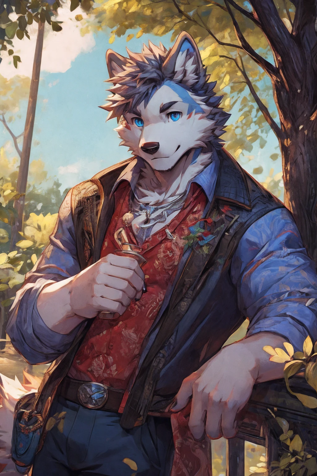 White Wolf,Adult male,Casual wear,Pure white fur,short hair,Messy hair,detailed,best quality,Blue Eyes,Rural background,Holding gardenia in hand,Under the shade of the trees