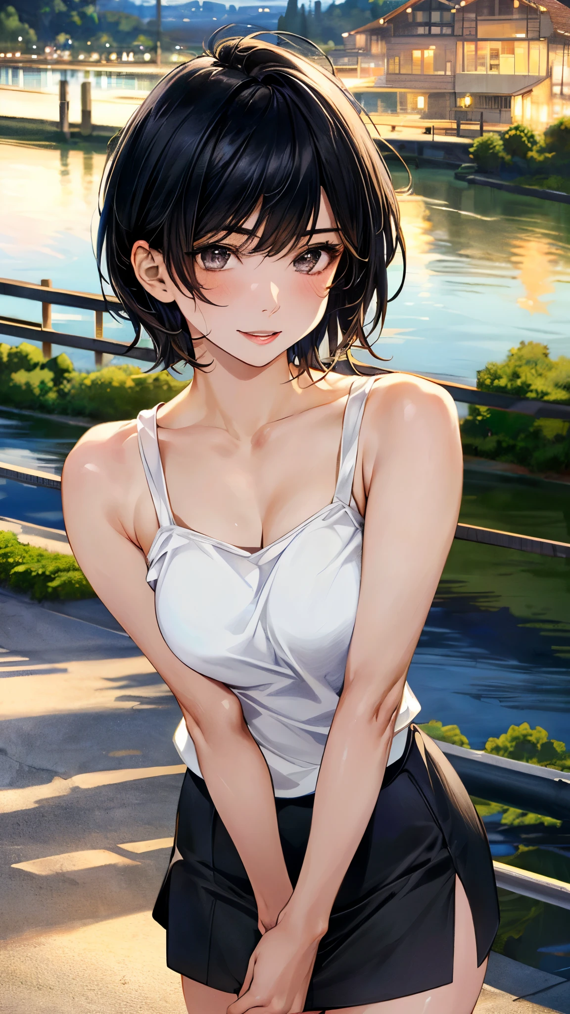 (masterpiece:1.3, top-quality, ultra high res, ultra detailed), (realistic, photorealistic:1.4), beautiful illustration, perfect lighting, natural lighting, colorful, depth of fields, surrealism, 
beautiful detailed hair, beautiful detailed face, beautiful detailed eyes, beautiful clavicle, beautiful body, beautiful chest, beautiful thigh, beautiful legs, beautiful fingers, shiny skin, babyface, 
looking at viewer, 1 girl, ushijimaiiniku, 19 years old, sexy idol, (perfect anatomy, anatomically correct, super detailed skin), cute and symmetrical face, perfect face, perfect eyes, perfect fingers,
(short hair, lob hair, black hair), bangs, grey eyes, big eyes, long eyelashes, (large breasts, seductive thighs), , outstanding style, 
detailed cloth texture, camisole, miniskirt, 
(beautiful scenery), summer, evening, (riverside), walking, (lovely smile, upper eyes, parted lips),