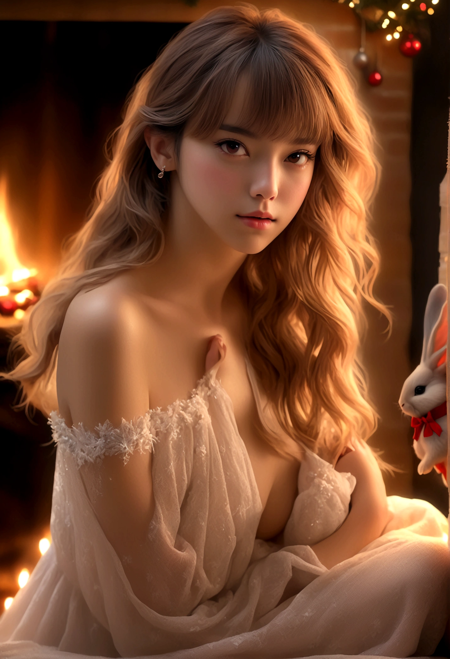 a beautiful young woman (Lalisa Manobal, age 25), wearing an airy sheer Christmas night gown (shoulders exposed, deeply plunging neckline) , nude except for night gown, her intimate areas partially exposed and very detailed, playing with a baby bunny by an old-fashioned fireplace with a roaring fire, Christmas scene (best quality, 4k, 8k, highres, masterpiece:1.2), ultra-detailed, (realistic, photorealistic, photo-realistic:1.37), HDR, UHD, studio lighting, ultra-fine painting, sharp focus, physically-based rendering, extreme detail description, professional, vivid colors, bokeh, portrait, figurative, intimate, sensual, cozy, Christmas, warm lighting, chiaroscuro (show her entire body, show all of her)
