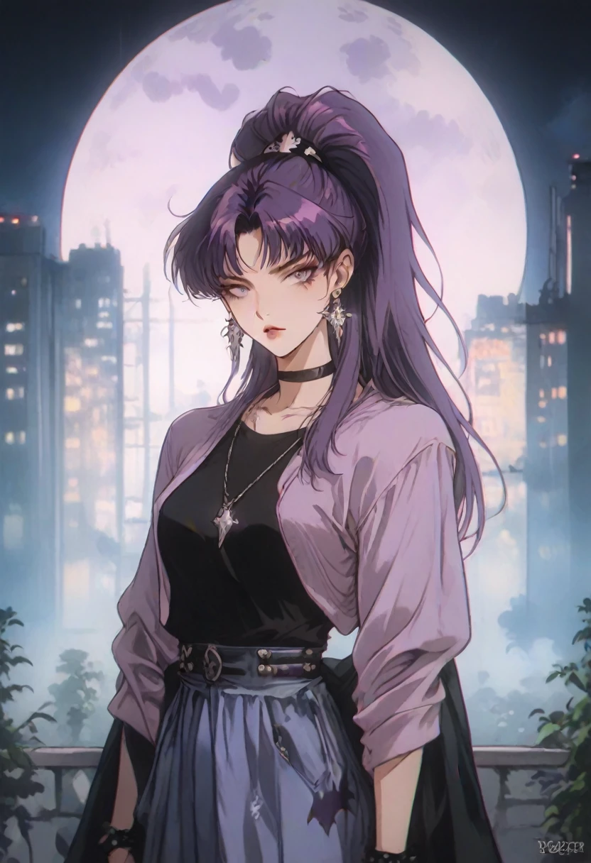 score_9, score_8_up, source_anime, high quality, best quality, ultra-detailed, 4K resolution, Art styles: uncensored, masterpiece, dramatic lighting, 3000K lighting, muted tones, crisp image, clear image, vivid colors, vibrant colors, 1990s \(style\), cinematic, cinematic lighting, retrowave, retro, anime, Vintage, edgPastelGoth; character:manga_darkstalkers_Morrigan_Aensland:0.13; appearance: purple hair, high ponytail hair, purple eyes, (slim body), medium breasts, hourglass figure, soft gradient two-tone hair, makeup, masterpiece; clothing: streetwear-grunge-cyberpunk; composition: cowboy shot; BREAK Accessories: sparkly diamond small earrings; pose: standing, hand on hip; BREAK bg: large illuminated fountain, skyscraper roof, panoramic view, night city, decorations neon lights, translucid lights, dense, green ornamental plant, side lighting;