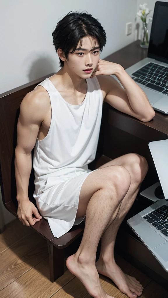 Handsome Asian boy  sitting with little white cat, typing laptop, cat brow color, dress short pant and top tank, have laptop on the dest, very handsome, best body, bright face 