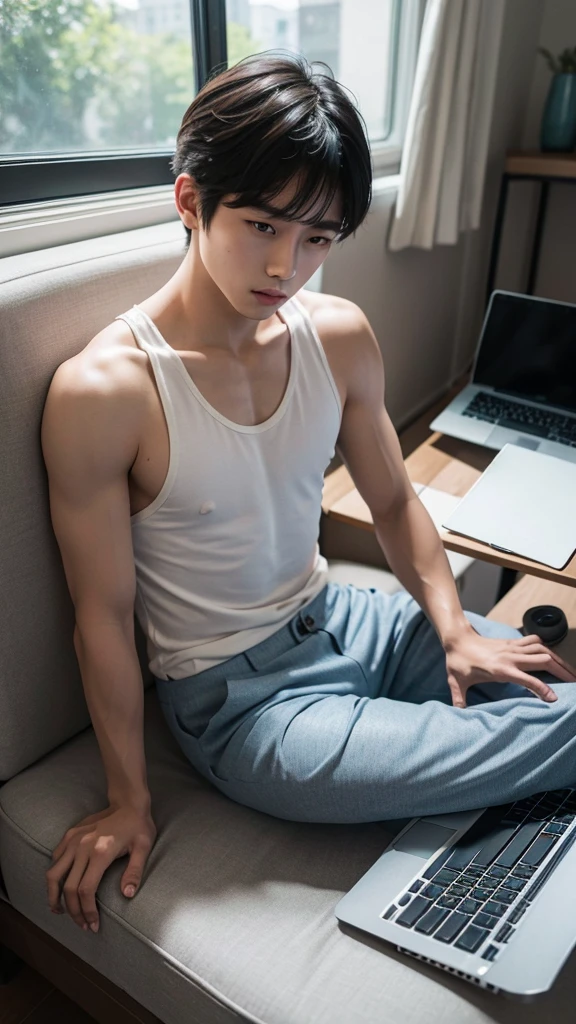 Handsome Asian boy 15 year sitting with little white cat, typing laptop, cat brow color, dress short pant and top tank, have laptop on the dest, very handsome, best body, bright face
