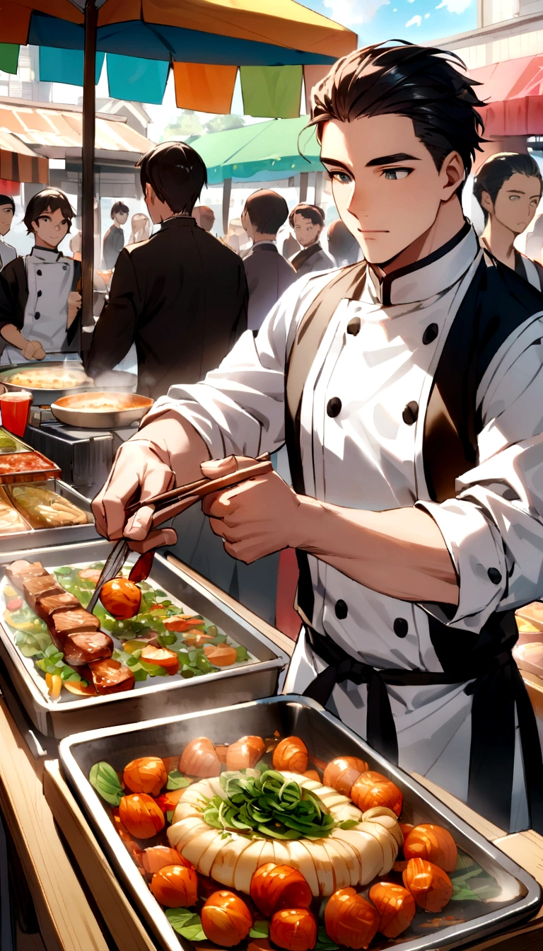 A handsome young man with black hair, dressed in a professional chef's outfit, is standing at a bustling street food stall. He is focused and skillfully preparing a delicious dish, with various cooking utensils and ingredients around him. The background features a vibrant market scene with other food stalls, colorful signs, and a crowd of people eagerly waiting for their food, emphasizing his dedication and expertise in the culinary arts.
