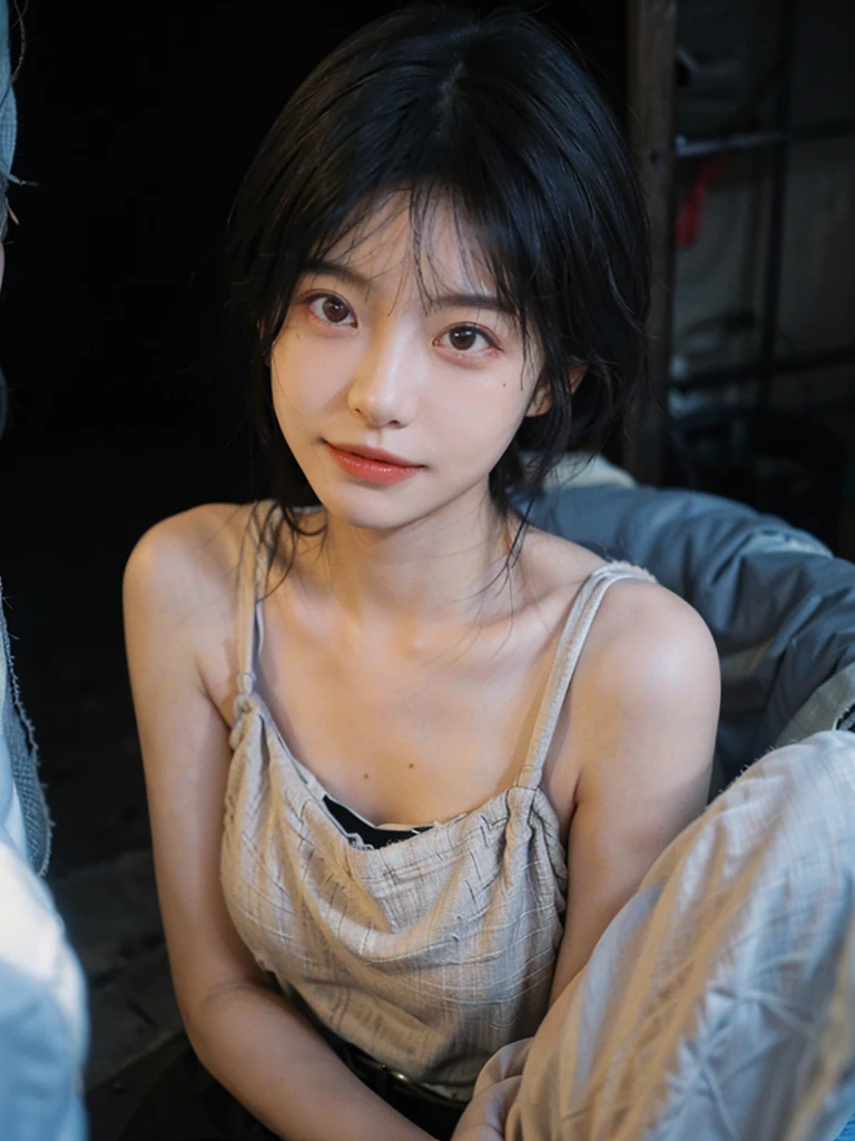 1 girl,short hair,A faint smile,Suspenders,Moles under the eyes,Exquisite eyes, Lipstick,earrings,Hair details, outdoor,background,城市background,(Skin details:1.4),(Realistic and detailed eyes:1.2), Natural skin texture,(Portrait Photography:1.1), (smooth skin textures:1.3), (Highest quality real skin textures:1.4), Soft dramatic lighting, Vivid details, 35 mm film, (Photo Practical:1.4), (hyper Practical:1.4), (Practical:1.3), (Smoother lighting:1.05), (Improve lighting quality:0.9), (Enhance the beauty of skin texture:1.1), Depth of Field, Bokeh, Surrealism, Ray Tracing, ( Surrealism, High Detail, Chiaroscuro, Ray Tracing, reflected light, Ultra HD, Ultra HD, masterpiece, Textured Skin, Super Detail, High Detail, high quality, best quality
