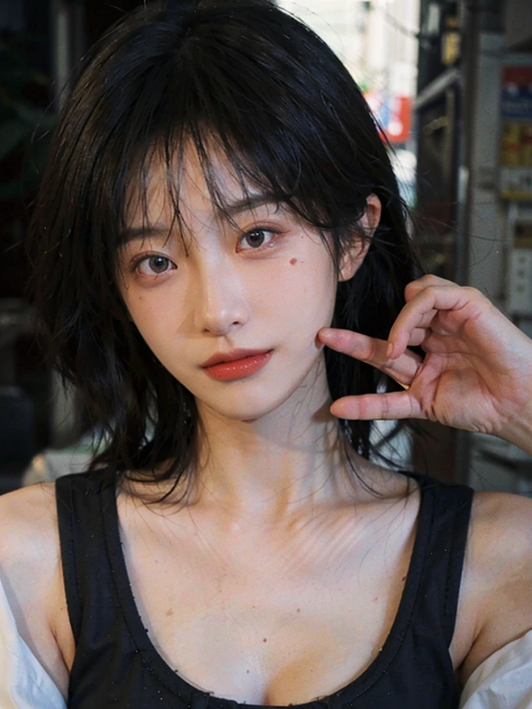 1 girl,short hair,A faint smile,Suspenders,Moles under the eyes,Exquisite eyes, Lipstick,earrings,Hair details, outdoor,background,城市background,(Skin details:1.4),(Realistic and detailed eyes:1.2), Natural skin texture,(Portrait Photography:1.1), (smooth skin textures:1.3), (Highest quality real skin textures:1.4), Soft dramatic lighting, Vivid details, 35 mm film, (Photo Practical:1.4), (hyper Practical:1.4), (Practical:1.3), (Smoother lighting:1.05), (Improve lighting quality:0.9), (Enhance the beauty of skin texture:1.1), Depth of Field, Bokeh, Surrealism, Ray Tracing, ( Surrealism, High Detail, Chiaroscuro, Ray Tracing, reflected light, Ultra HD, Ultra HD, masterpiece, Textured Skin, Super Detail, High Detail, high quality, best quality