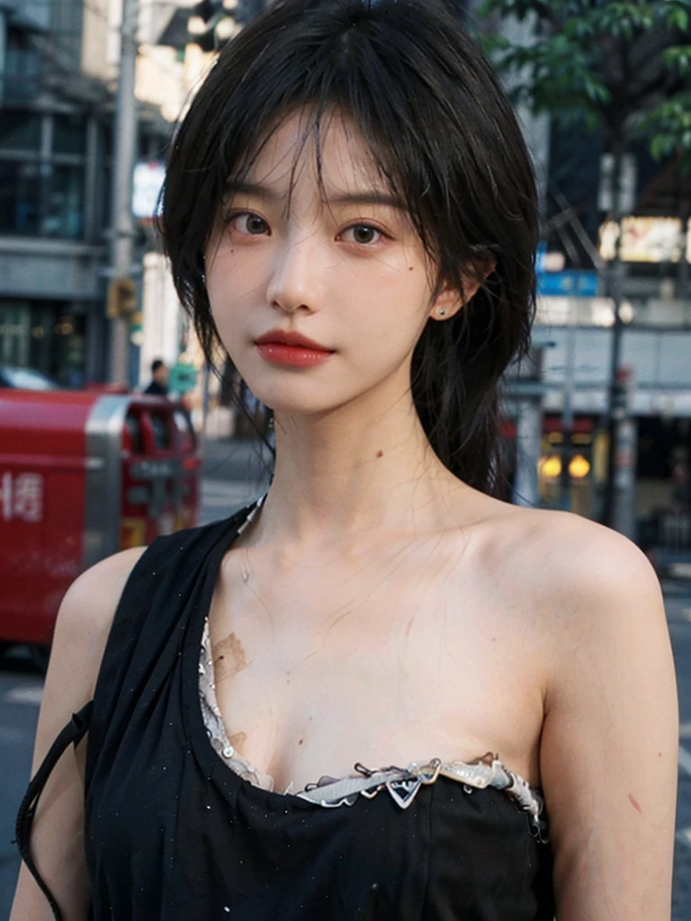 1 girl，short hair,A faint smile,Suspenders，Moles under the eyes,Exquisite eyes, Lipstick,earrings,Hair details, outdoor,background,城市background，(Skin details:1.4),(Realistic and detailed eyes：1.2）, Natural skin texture,(Portrait Photography:1.1), (smooth skin textures:1.3), (Highest quality real skin textures:1.4), Soft dramatic lighting, Vivid details, 35 mm film, (Photo Practical:1.4), (hyper Practical:1.4), (Practical:1.3), (Smoother lighting:1.05), (Improve lighting quality:0.9), (Enhance the beauty of skin texture:1.1), Depth of Field, Bokeh, Surrealism, Ray Tracing, ( Surrealism, High Detail, Chiaroscuro, Ray Tracing, reflected light, Ultra HD, Ultra HD, masterpiece, Textured Skin, Super Detail, High Detail, high quality, best quality