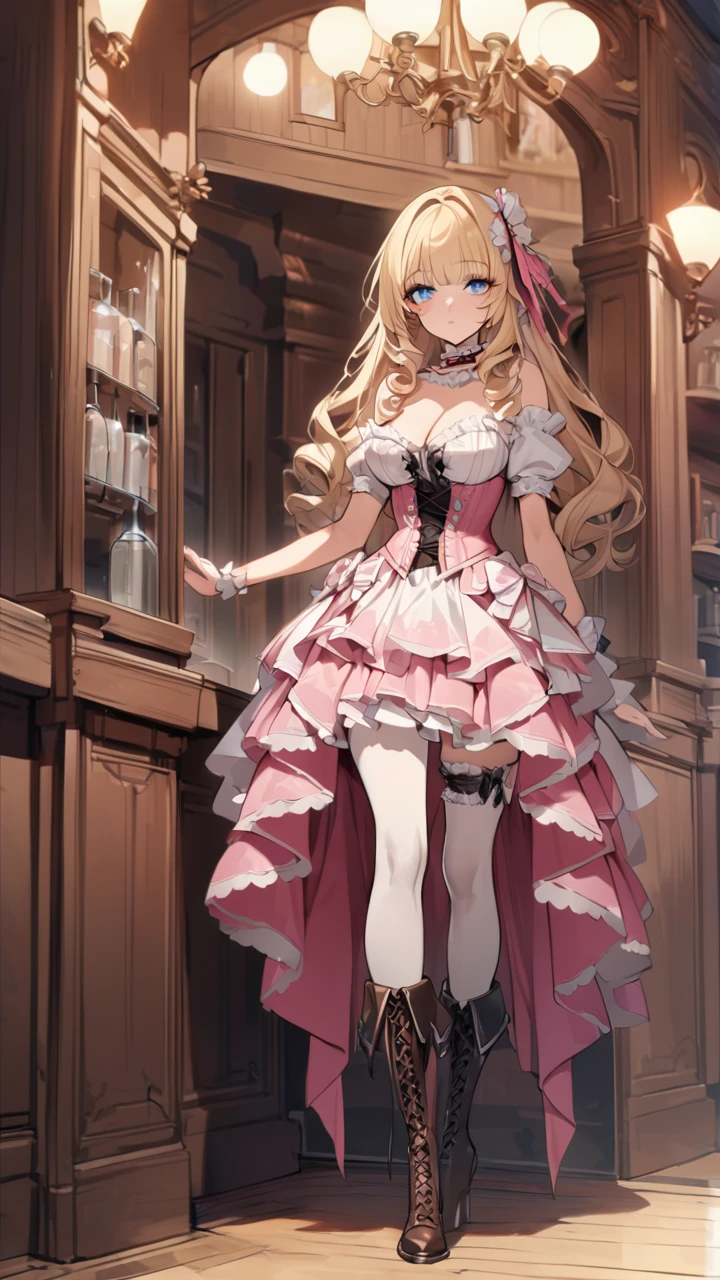 Curls,blonde_hair,blue_eyes,long_eyelashes,long_hair,fringe_bangs,side_curls,fullbody,standing,masterpiece,highress,frilly intricate pink saloon girl dress,knee length skirt,white accents, frilly lace choker,pink corset,lace up heeled boots,stockings,saloon,short at the front center of the skirt,skirt and bodice adorned with ribbons at the front,