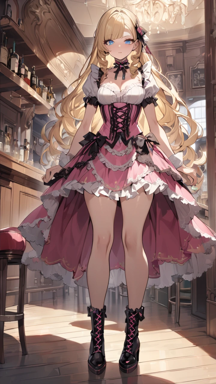 Curls,blonde_hair,blue_eyes,long_eyelashes,long_hair,fringe_bangs,side_curls,fullbody,standing,masterpiece,highress,frilly intricate pink saloon girl dress,knee length skirt,white accents, frilly lace choker,pink corset,lace up heeled boots,stockings,saloon,short at the front center of the skirt,skirt and bodice adorned with ribbons at the front,knee length skirt,