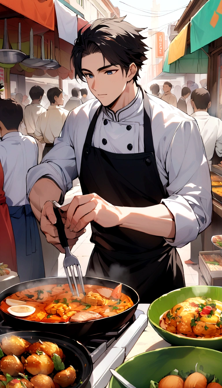 A handsome young man with black hair, dressed in a professional chef's outfit, is standing at a bustling street food stall. He is focused and skillfully preparing a delicious dish, with various cooking utensils and ingredients around him. The background features a vibrant market scene with other food stalls, colorful signs, and a crowd of people eagerly waiting for their food, emphasizing his dedication and expertise in the culinary arts.