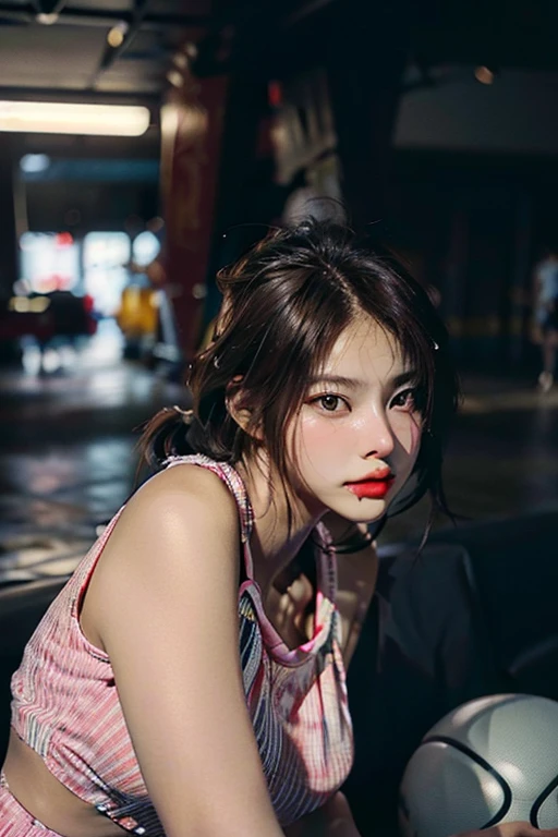 (RAW photo, 4k, masterpiece, high resolution, extremely complex) (realistic: 1.4), cinematic lighting
1 Girl, Solo Focus, Summer Noon, Hot, 1990s\(Style\), (Best Quality), (Highres), (an Extremely Delicate and Beautiful),,(Beautiful 8k face),(Brown eyes),(ulzzang-6500:1.0),(solo),(Looking side),( spectators),(large breasts),(NBA),bent over,,lookside,(side), ,(Basketball sportswear),((Play basketball)),((gymnasium)),((speed)),(reality),