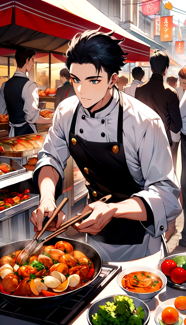 A handsome young man with black hair, dressed in a professional chef's outfit, is standing at a bustling street food stall. He is focused and skillfully preparing a delicious dish, with various cooking utensils and ingredients around him. The background features a vibrant market scene with other food stalls, colorful signs, and a crowd of people eagerly waiting for their food, emphasizing his dedication and expertise in the culinary arts.