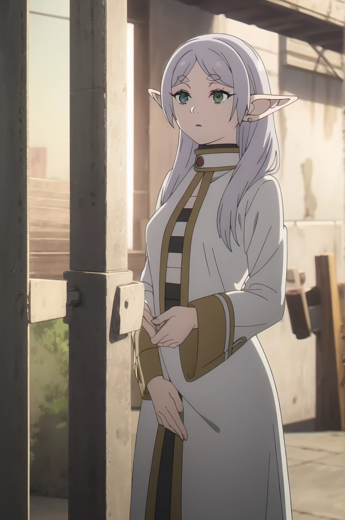 masterpiece, best quality, (illustration), fully naked, soft vagina, solo, Frieren, pointy ears, green eyes, elf, long hair, white hair, thick eyebrows, breasts, standing