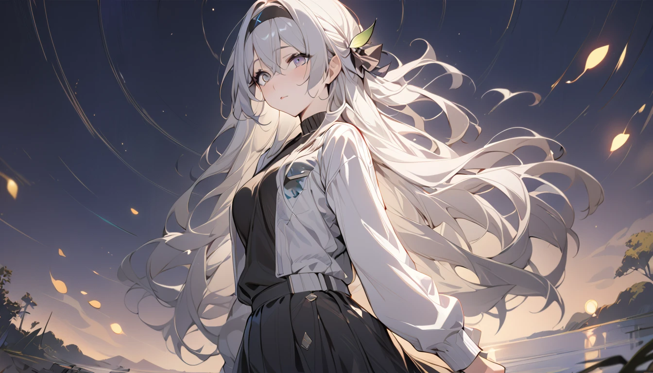 (best quality:1.3), (masterpiece:1.3), (illustration:1.3), (Extremely detailed:1.3), firefly \(Collapse: Star Trails\), 1 Girl, Solitary, Long hair,  Bangs, skirt, Long sleeve, Hair accessories, Silver hair, Black hair band, Medium breasts, Hair between the eyes，Lakeside at night，Bright light