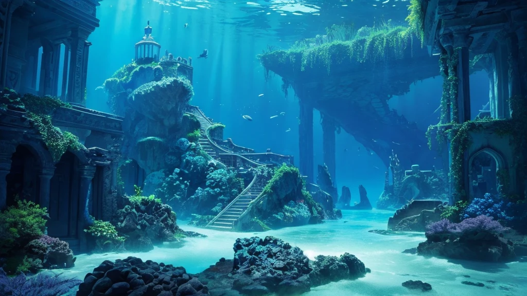 deep sea、The color is a deep blue、Fantasy、ruins、Expressing sea foam、Realistic、Less light