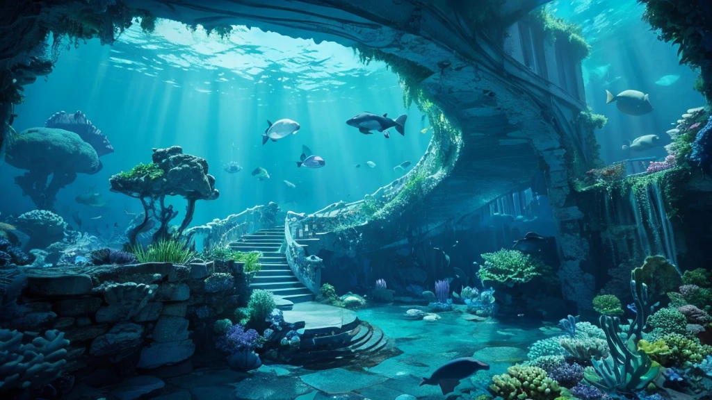 deep sea、The color is a deep blue、Fantasy、ruins、Expressing sea foam、Realistic、Less light