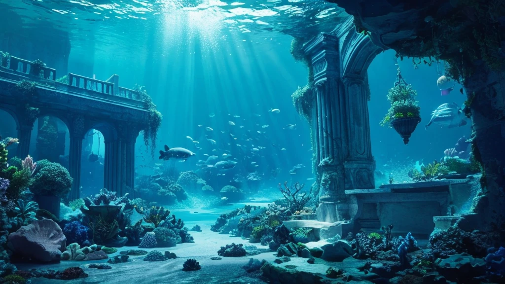 deep sea、The color is a deep blue、Fantasy、ruins、Expressing sea foam、Realistic、Less light