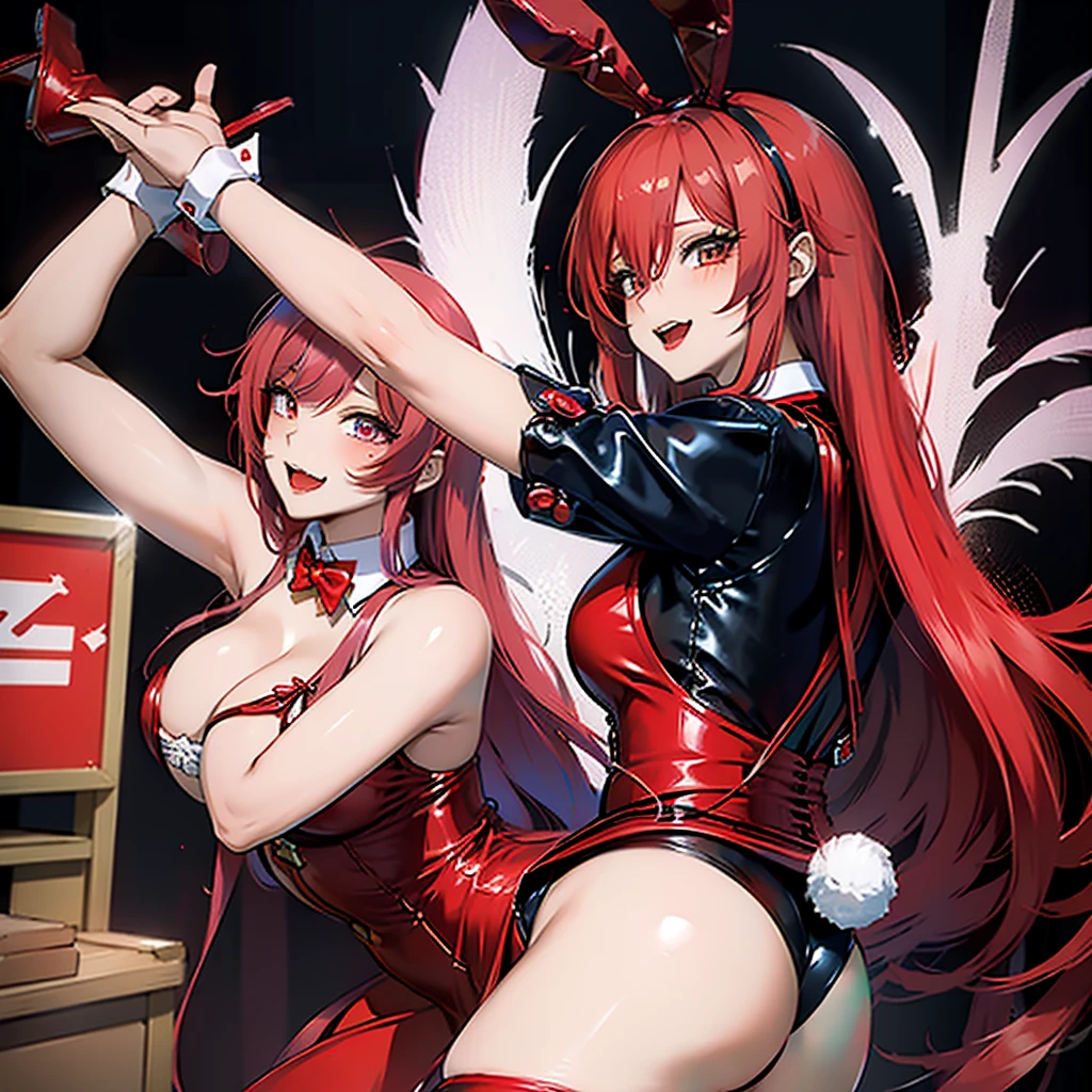 outrageous, best qualityer, 1 girl, standing alone, Red hair, purples eyes, long hair, big fit ass, oh Rabbit, bunny ears, red corset, gakuran, aprons, red ribbons around the neck, red skirt, headband, manga curta, wrist cuffs, white thigh highs, the jingle bells