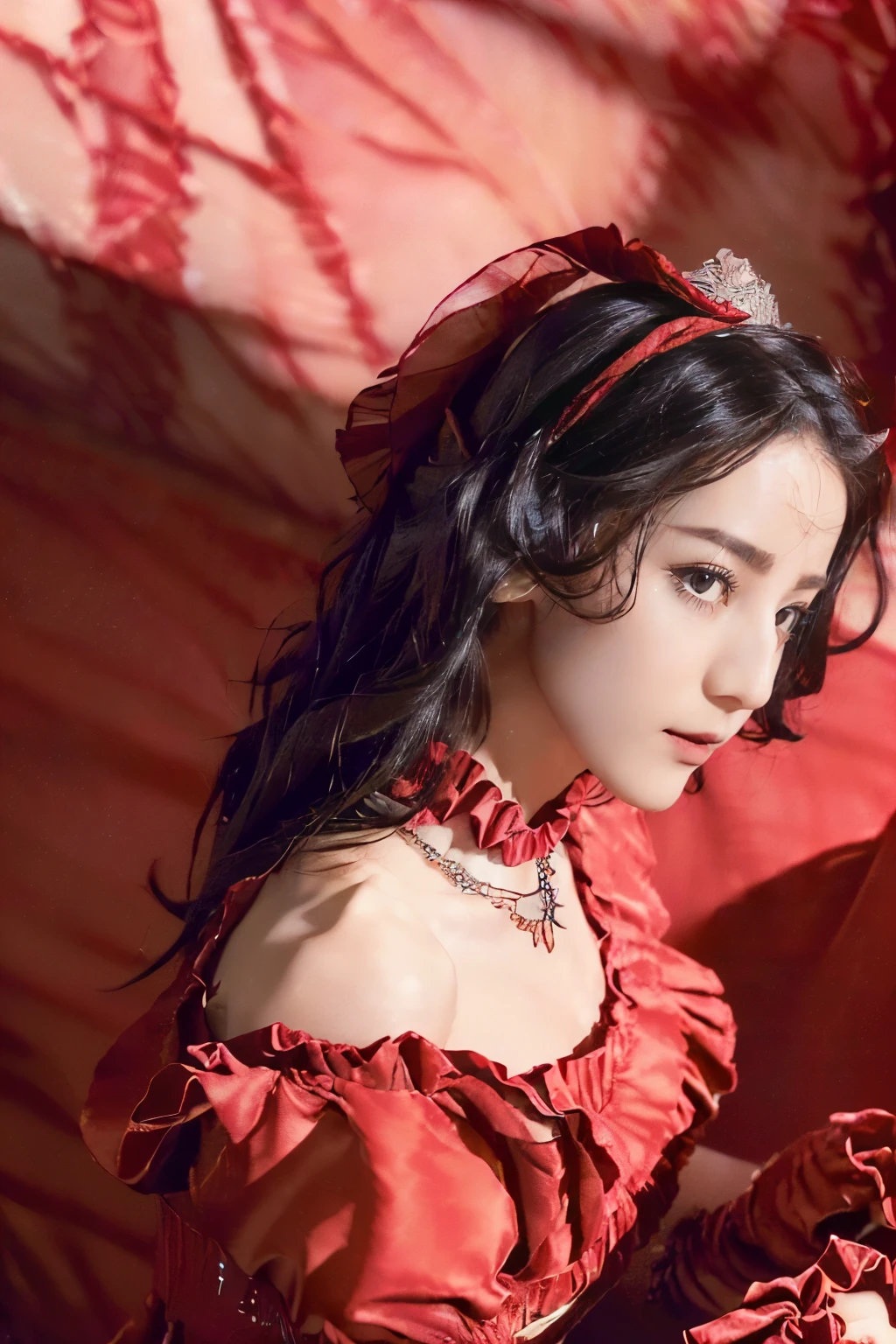 ((((8K))),((Extremely detailed CG)) ,(wallpaper),16K,((Extremely exquisite and beautiful)),(((masterpiece))),(((Best quality))),(((Ultra-high resolution))),Beautiful light,Perfect Lightning,Realistic shadows,(Smooth and flawless fair skin:1.5),(Pale skin:1.3),Extremely delicate facial details,(Perfect body:1.1),Extremely detailed,A beautiful girl,Solitary,(Small head:1.2),(Princess Crown:1.2),(Short Ponytail:1.1),(Delicate eyes:1.2),(Small face:1.1),(Exquisite makeup:1.2),(Glowing skin:1.5),(Large Breasts:1.5),((Slim,Thin)),(Happy:1.2),(lol:1.2),(Crystal NeckLace:1.2),(Lace:1.3),(Long gothic red ruffle dress made of roses:1.5),(Gloves:1.1),(Night view:1.5),indoor,(In the luxurious paLace style hotel bedroom:1.5),(Detailed background:1.5),(Lie flat on your bed:1.5),(Close-up of face:1.5),(from above:1.3),(top view:1.3),(Bright Light:1.3)