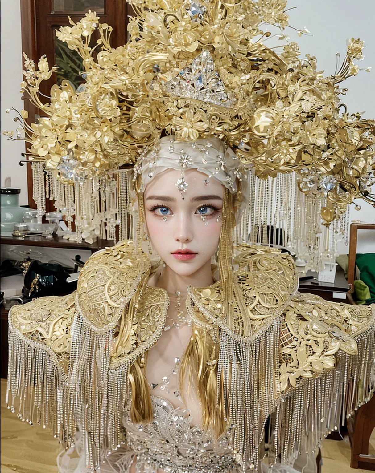 Game Art，Best image quality，Maximum resolution，8K，(A bust photo)，(portrait)，(Head close-up)，(Rule of Thirds)，Unreal Engine 5 rendering works，20 year old girl，((Queen))，The eyes are very detailed，(Large Breasts)，Elegance and nobility，Light，Light线追踪，Game CG，((3D Unreal Engine))，OC rendering reflection mode，4K，Ultra-clear，Sensual，Translucent lace，Fair and plump figure，Pretty Face，Light泽凝胶涂层，身着华贵礼服的Queen，Crystal Gem Crown，Necklace jewelry，blue eyes，The tattoo is very three-dimensional，Gorgeous and intricate tattoo designs，Ultra-clear portrait，Sexy body，Temple Princess，Sapphire eyes，Fine gold and diamond jewellery，Luxurious jewelry，Wearing diamond gemstone jewelry，Gorgeous jewelry all over the body，Pearl Necklace，Universe-class jewellery，