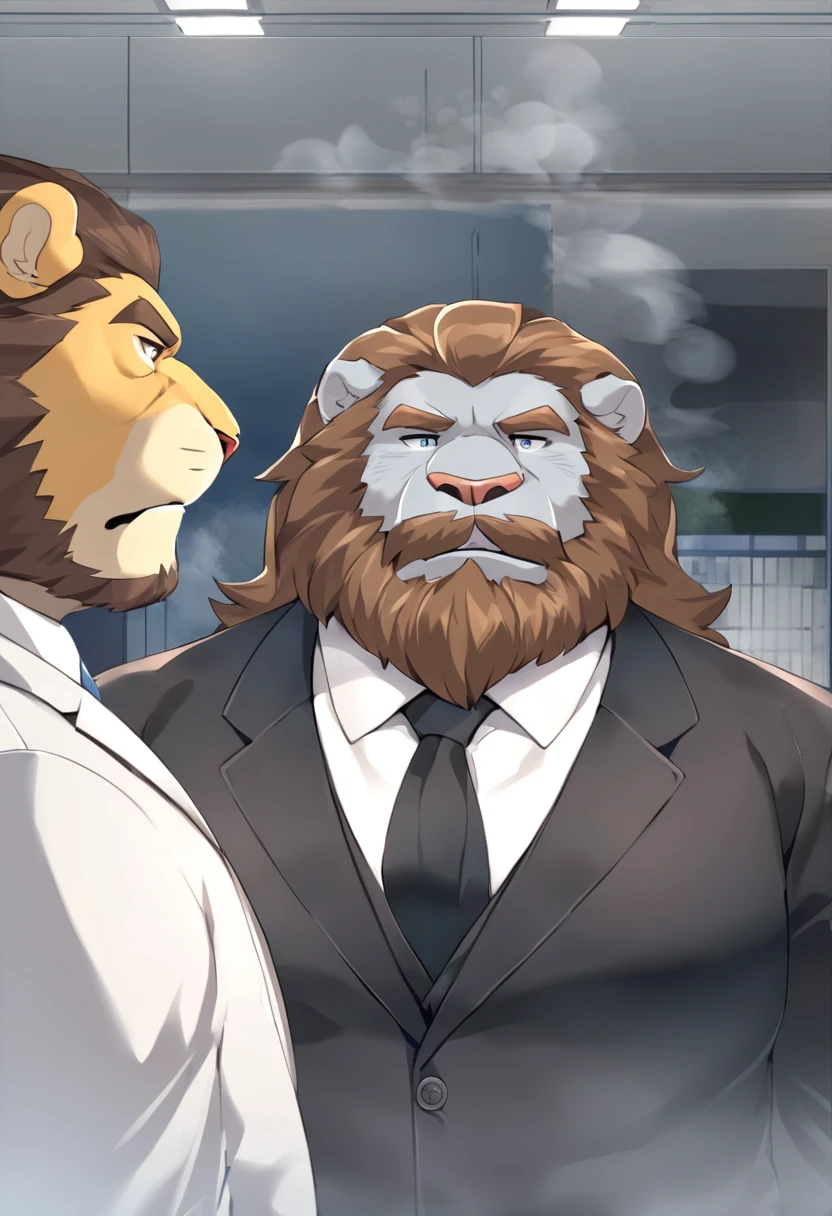 lion,personification,Mature male,Strong Man,Thick beard,Cold expression,Blue-gray pupils,Brown eyebrows,Black suit suit,The Age of Steam,Hospital Office。