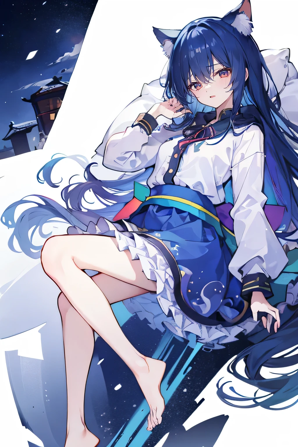 (masterpiece:1.2),Super detailed,lifelike,Expressive eyes,fair skin,perfect face shape,1 girl,
Japanese comics,Gorgeous blue hair,flowing blue hair,flowing clothes,Cat ears,Petals fall,beautiful lola,Baby Angel,
Shaking head with one hand,Cross your legs,Gentle and peaceful background,The pavilion is cool and comfortable,smile, wearing hoodie, background of tokyo,back views,snowing, winter,lie on the water,Lying on the ground。Dark blue gradient hair,asymmetrical hair,((Hair is very thick 1.8,Chiseled hair 1.6)), Hair over the shoulders, Messy hair, Very long hair, shiny hair,(long dark blue hair:1.2),A beautiful girl,(Transparent clothes transparent 1.8),Perfect body,Big thin legs,slender,(Looks very sad,Looks haggard ,sadness,shut your mouth:1.2) Against the backdrop of an unusually bright dark starry sky,(Put your hands behind your back),(round,Room, Strong breasts),barefoot,float,water surface,(long legs,long legs,long legs,Complete)