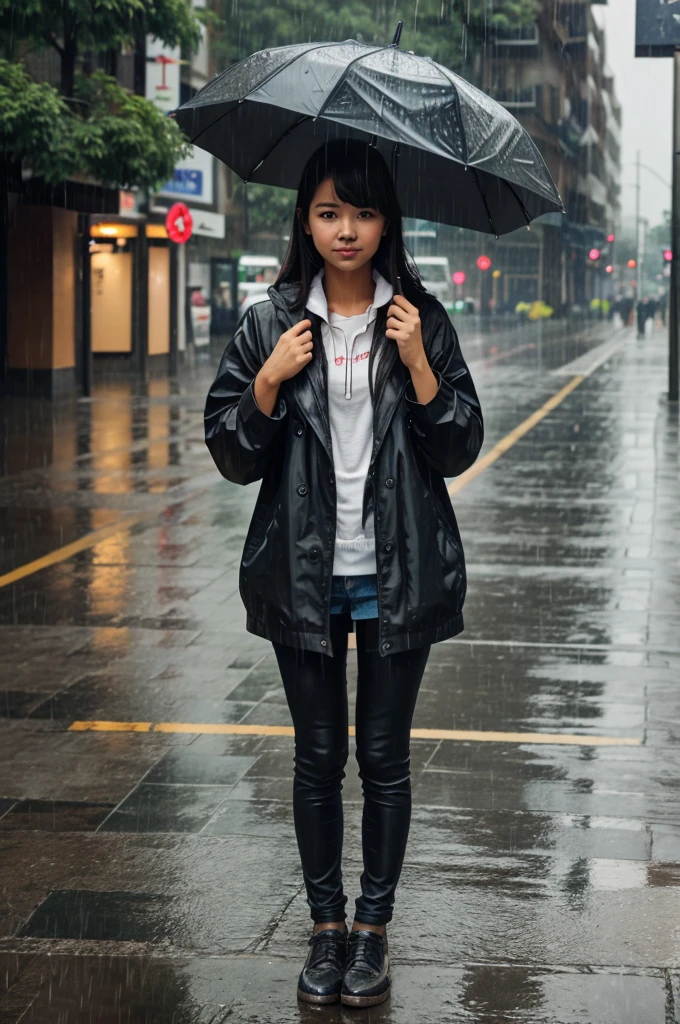 Create a photo of A cute girl standing in raining