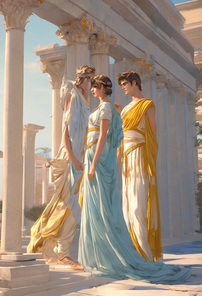 Very best quality, vibrant brilliant realmasterpiece , a very retro vintage kinda look feel 8K,High HD,higher rselutionHigh quality very anime semi realism In Ancient classical Athens Show a young strong powerful looking handsome youvng man a yoing very lovely woman in ancient classical greek dress fashions that is loose cooling flowy kinda thin almost filmy and in pastels and vibrant bright colors very greek very classical old ancient world look feel intricate somewhaty elaborate detaile defined looking whole pi ece elegant beautiful looking in a Ancient Athens greek gaarden or parklike settins