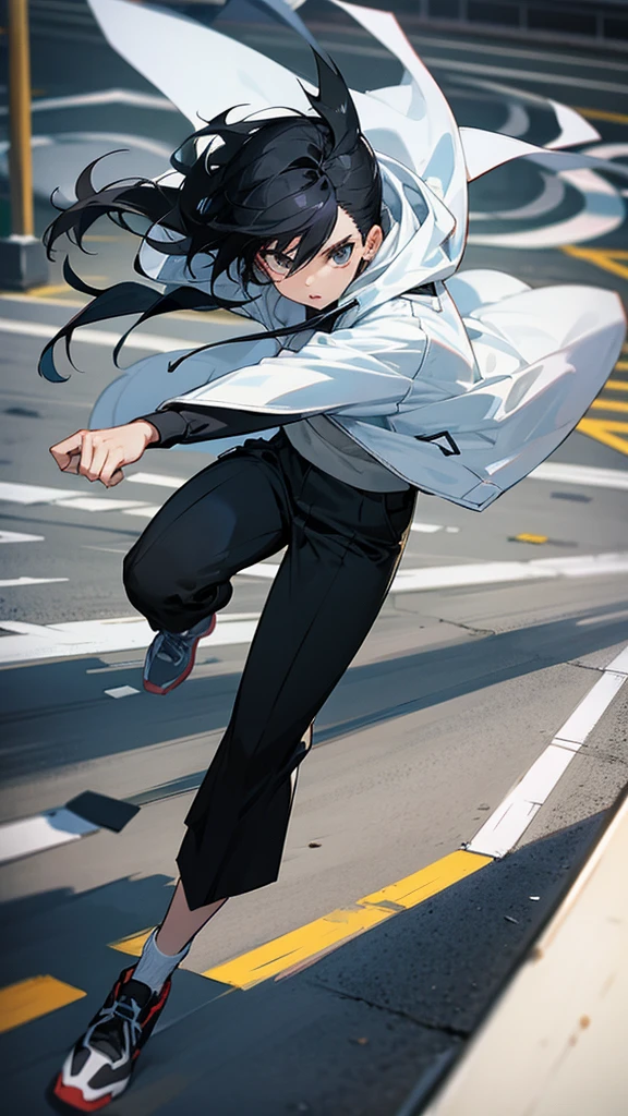 Anime character with black hair in white jacket with black pants being run over in the street