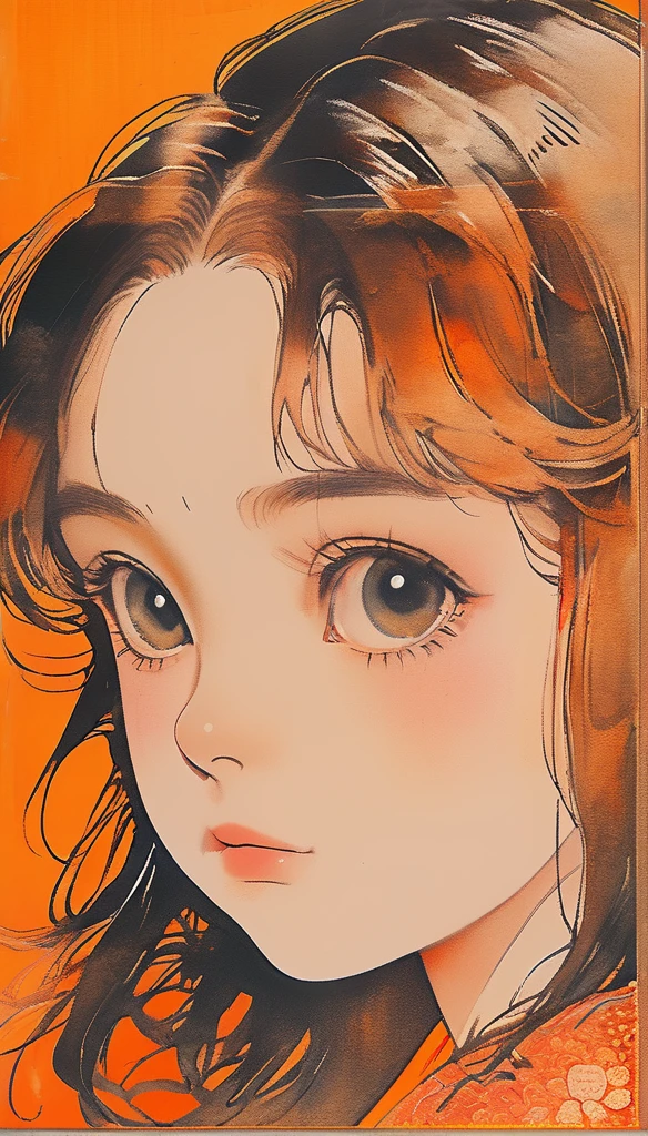 (realistic:1.1),ghibli ,anime ,(childen girl ,1girl ),,lip, Laplap,Fiberglass, fluorescent orange gradient background, Rust hair,Blunt bangs hair, Asian ,, (masterpiece,best quality,niji style)