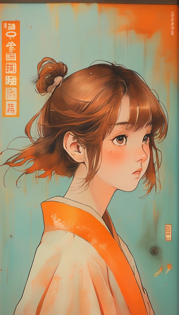 (realistic:1.1),ghibli ,anime ,(en girl ,1girl ),,lip, Laplap,Fiberglass, fluorescent orange gradient background, Rust hair,Blunt bangs hair, Asian ,, (masterpiece,best quality,niji style)