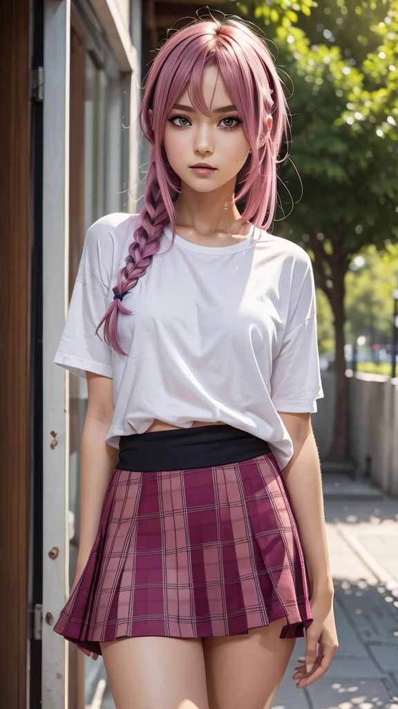 masterpiece, best quality, highres, absurdres, 1girl, crowd, skirt, pink hair, gasai yuno, from below, revealing clothes, skindentation, outdoors, sunlight, street, looking at viewer, blush,