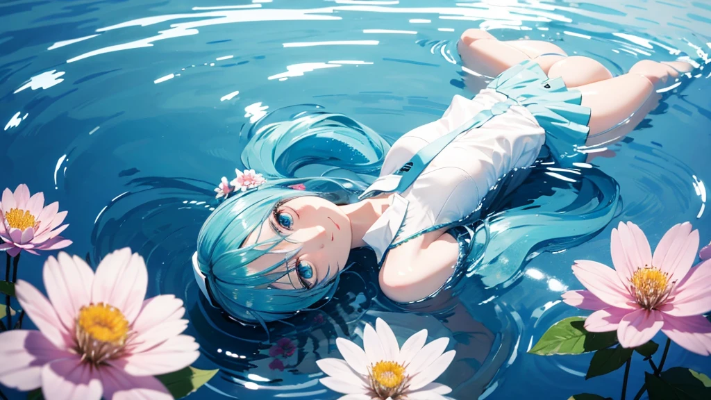 Hatsune Miku。In the background is a calm water surface.、Flowers illuminated by the morning sun々is spreading、Her light blue hair is soft and shiny.。