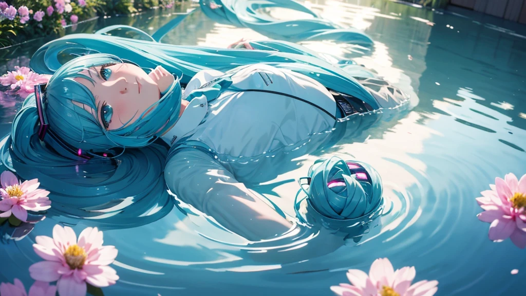 Hatsune Miku。In the background is a calm water surface.、Flowers illuminated by the morning sun々is spreading、Her light blue hair is soft and shiny.。