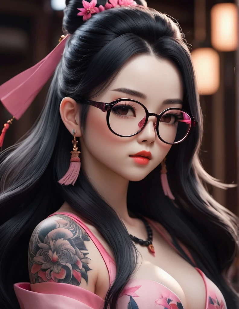 quality(8k wallpaper of extremely detailed CG unit, masterpiece, hight resolution, top-quality, top-quality real texture skin,hyper realisitic, digitial painting,increase the resolution,RAW photos,best qualtiy,highly detailed,the wallpaper),BREAK,8K, onmyoji-style art, black and white long hair , muscular girl, owel tattoos, black dress, full face, close up shot, big glasses in , Chibi
