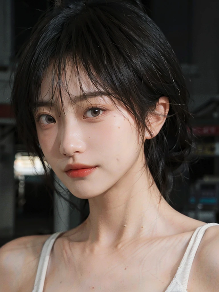 (Skin details:1.4), (smooth skin textures:1.3), （Upper body：1.4），（Upper Body：1.3）Lipstick, background, earrings, serene, calm, (Sportswear:1.3)，(Realistic and detailed eyes：1.2）, Natural skin texture, Realistic facial details, Soft dramatic lighting, Vivid details, 35 mm film, outdoor, (Photo Practical:1.4), (hyper Practical:1.4), (Practical:1.3), (Smoother lighting:1.05), (Improve lighting quality:0.9), (Highest quality real skin textures:1.4), Exquisite eyes, Delicate face, Close-up of face, (Enhance the beauty of skin texture:1.1), Hair details,normal body ratio, short hair, Moles under the eyes, A faint smile,Portrait Photography, Depth of Field, Bokeh, Surrealism, Ray Tracing, (Portrait Photography:1.1), Surrealism, High Detail, Chiaroscuro, Ray Tracing, reflected light, Ultra HD, Ultra HD, masterpiece, Textured Skin, Super Detail, High Detail, high quality, best quality